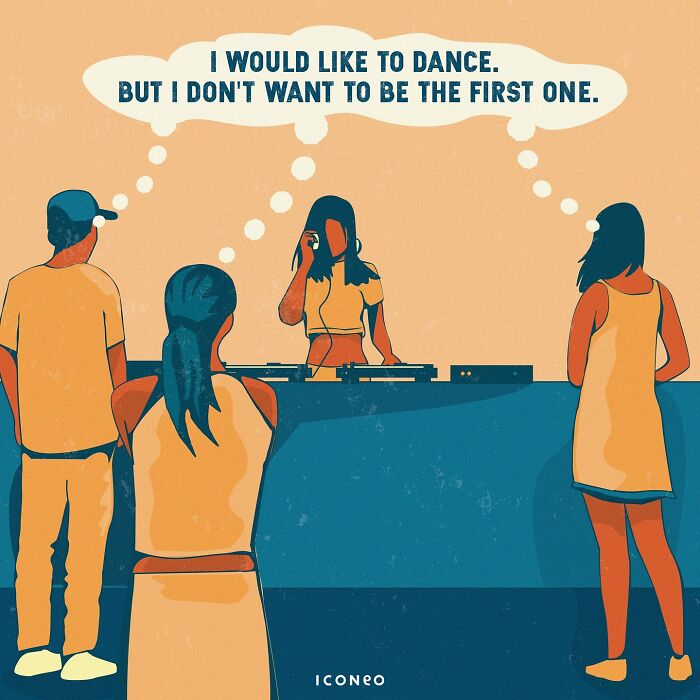Candid illustration showing people at a DJ booth reflecting on social hesitation and societal behavior.