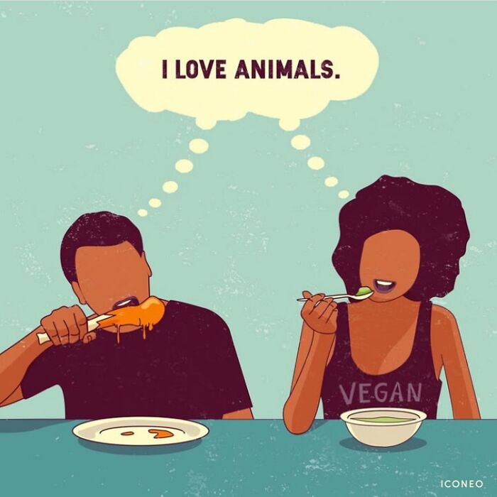 Candid illustration showing two people eating, one with meat and one vegan, reflecting on society and animal love.