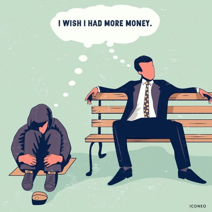 Candid illustration showing social contrast between a homeless person and a well-dressed man reflecting on society.