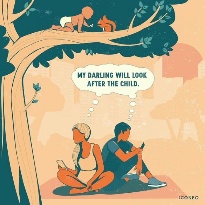 Candid illustration showing a couple distracted by phones as a baby and squirrel interact in a tree, reflecting society.