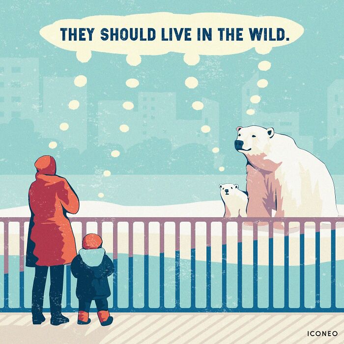 Illustration by artist showing a woman and child observing polar bears, reflecting on society and environmental issues.