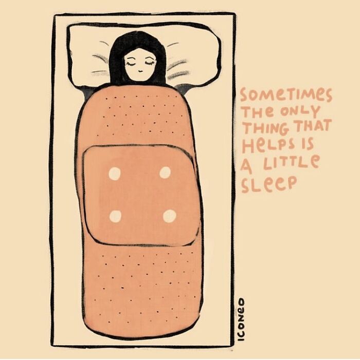 Illustration by artist showing a person sleeping with text reflecting on society and the need for rest.