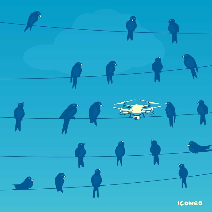 Illustration of birds on wires with one drone among them, reflecting on society and technology integration.