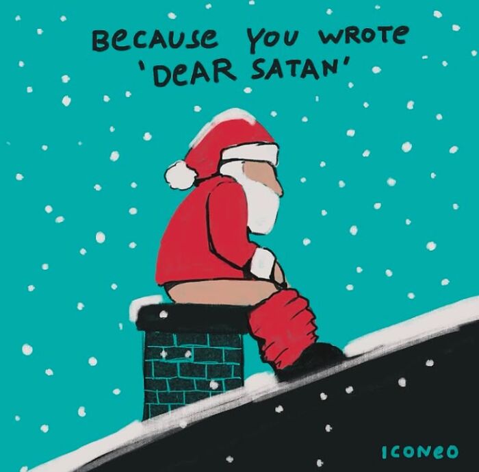 Thought-provoking illustration by Steffen Kraft showing a humorous Santa Claus sitting on a chimney in the snow.