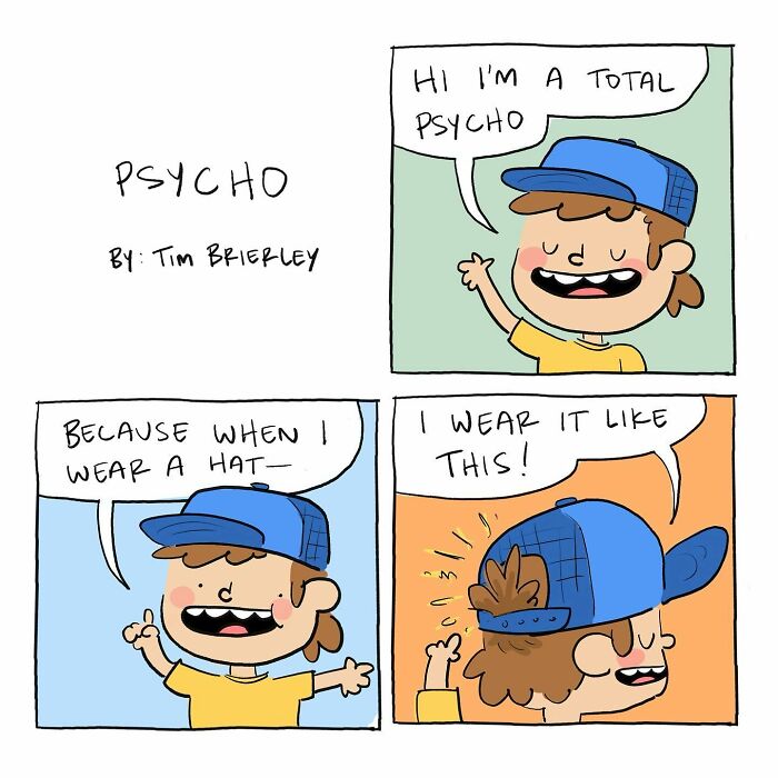 Cartoon comic showing a funny character humorously arguing with themselves about wearing a hat, illustrating a funny comic.