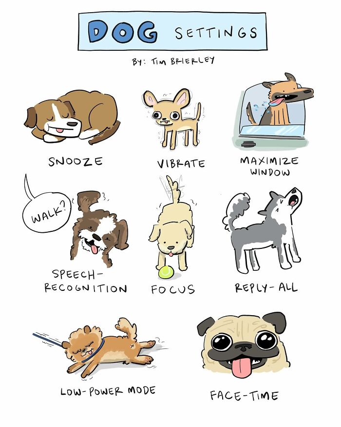Cartoon by Tim Brierley showing dogs in different tech settings: snooze, vibrate, maximize window, and more.