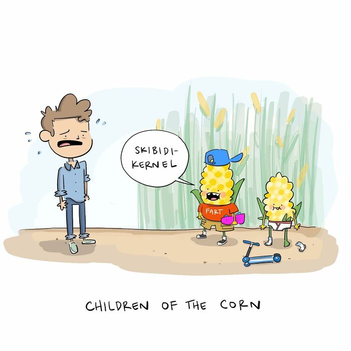 Cartoon of corn children playing outdoors, featuring humor that reflects Tim Brierley’s unique comedic style.