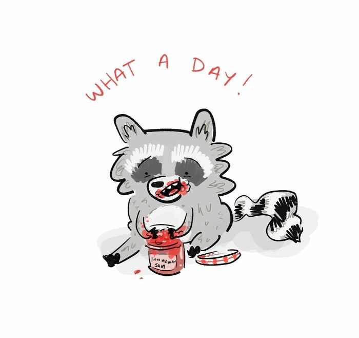 Cartoon raccoon with jam on face and paws looking tired with caption what a day, capturing Tim Brierley humor.