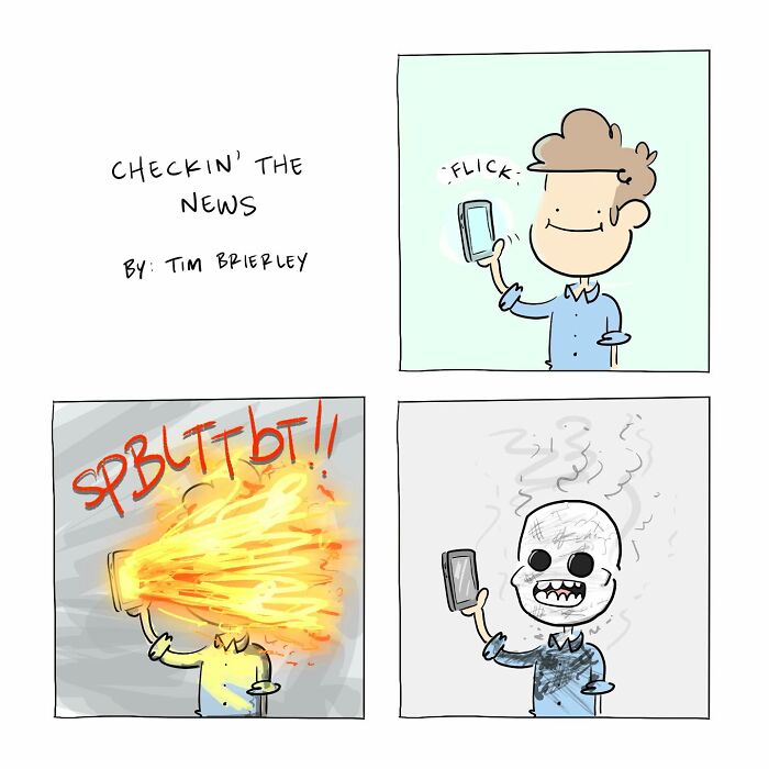 Funny comics showing a person checking news on phone, leading to an explosive and burnt-out reaction.
