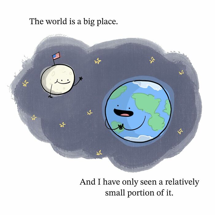 Cartoon of Earth and Moon with faces in space, illustrating humor and perspective from Tim Brierley’s life observations.