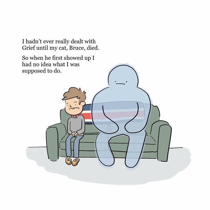 Illustration of a person sitting beside a large blue figure on a couch, depicting grief and inner struggle in funny comics.
