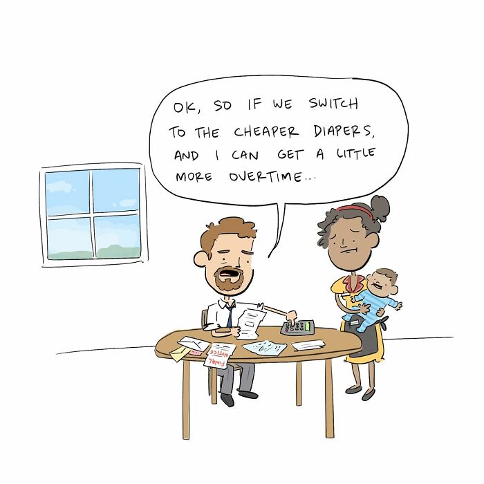 Man using calculator and papers while woman holds baby, illustrating humor by Tim Brierley about everyday family life challenges.