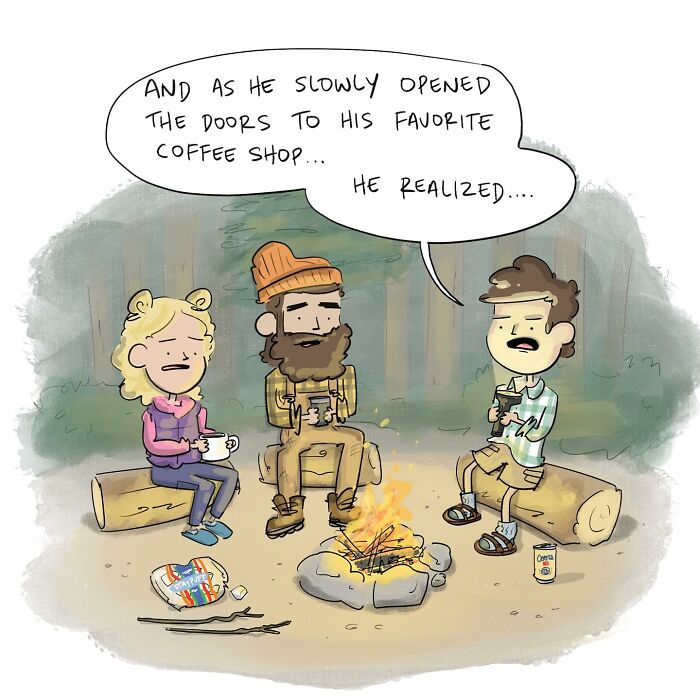 Three people sitting around a campfire with coffee cups, illustrating humor from Tim Brierley’s life observations.