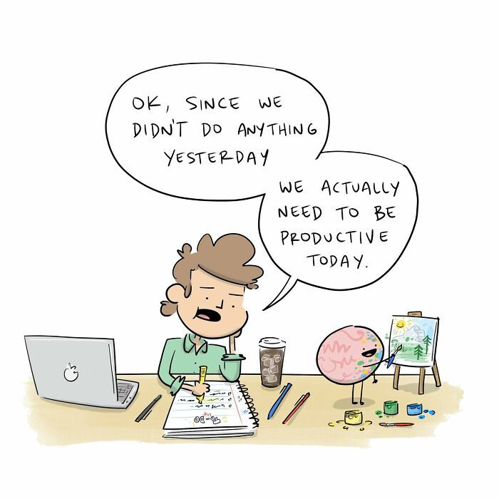 Cartoon by Tim Brierley shows a person and brain discussing productivity with art supplies and a laptop on the desk.