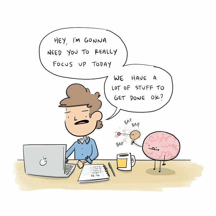 Person working on laptop distracted by a cartoon brain hitting a ping pong ball, humor by Tim Brierley illustrating focus struggles.
