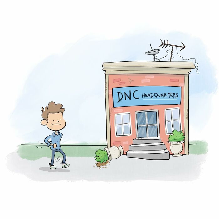 Cartoon by Tim Brierley showing a frustrated man walking past a building labeled DNC headquarters with a fallen plant pot.