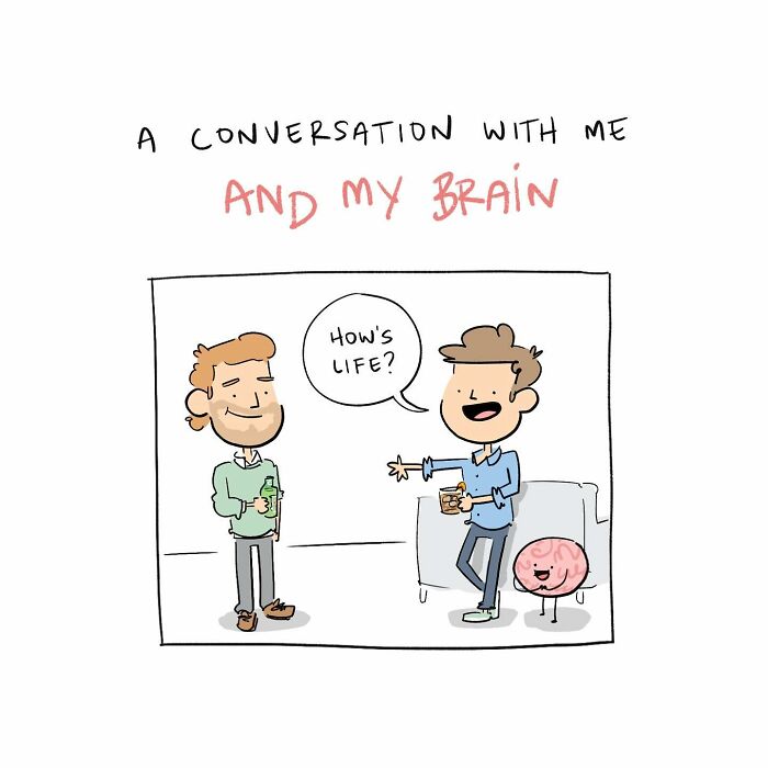 Cartoon by Tim Brierley showing a man chatting with his brain holding drinks, capturing relatable life humor moments.