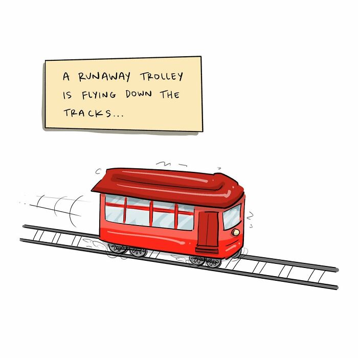 Cartoon of a red trolley speeding down the tracks with a caption about a runaway trolley, reflecting Tim Brierley's humor.