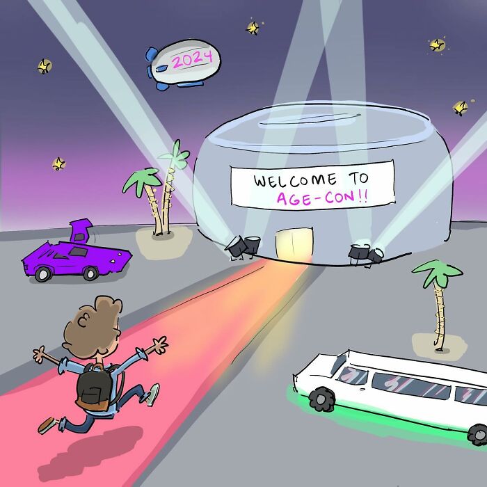 Cartoon of a person joyfully running toward Age-Con building with a 2024 blimp overhead, reflecting Tim Brierley's humor.
