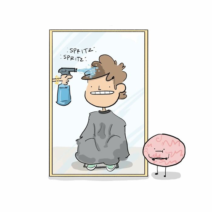 Cartoon showing a person getting a hair spray while a brain with legs watches, capturing Tim Brierley humor on life.