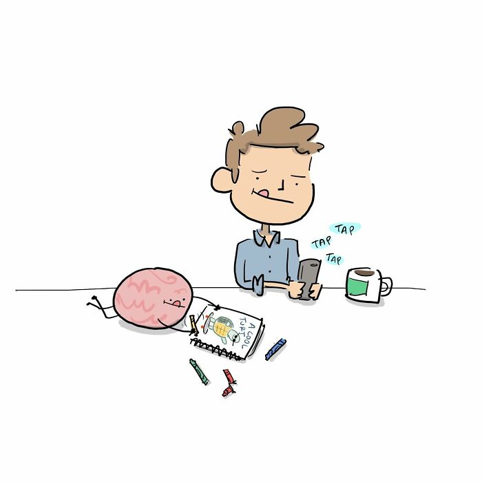 Cartoon by Tim Brierley showing a man distracted by his phone while his brain colors on paper and a mug sits nearby.