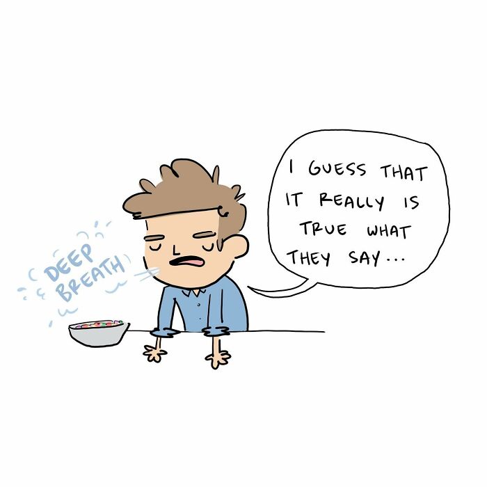 Cartoon of a stressed man taking a deep breath, capturing humor from Tim Brierley about everyday life moments.