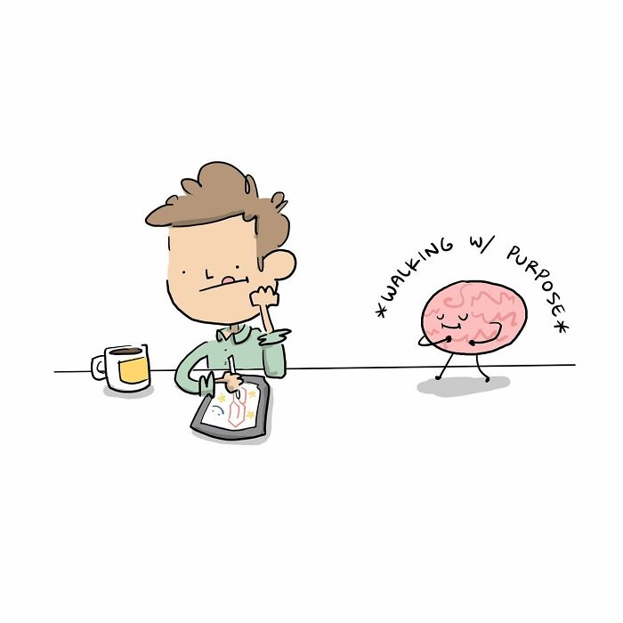 Cartoon of a person drawing with a coffee and a happy walking brain, illustrating humor in Tim Brierley's work.