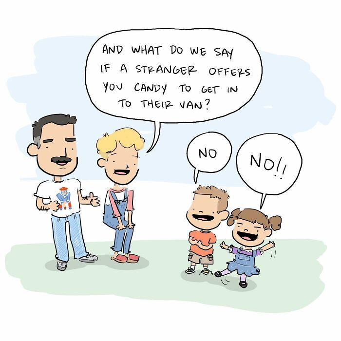 Tim Brierley cartoon of parents teaching kids to say no to strangers offering candy to get in their van.