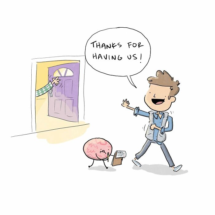 Cartoon by Tim Brierley showing a happy man and a brain with a clipboard saying thanks for having us.