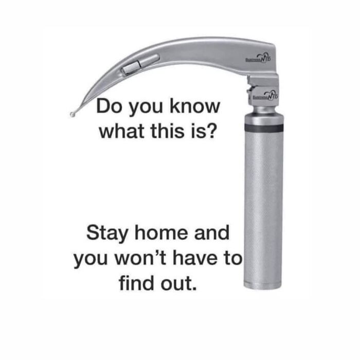 Medical meme showing a laryngoscope with humorous text about avoiding healthcare costs by staying home.