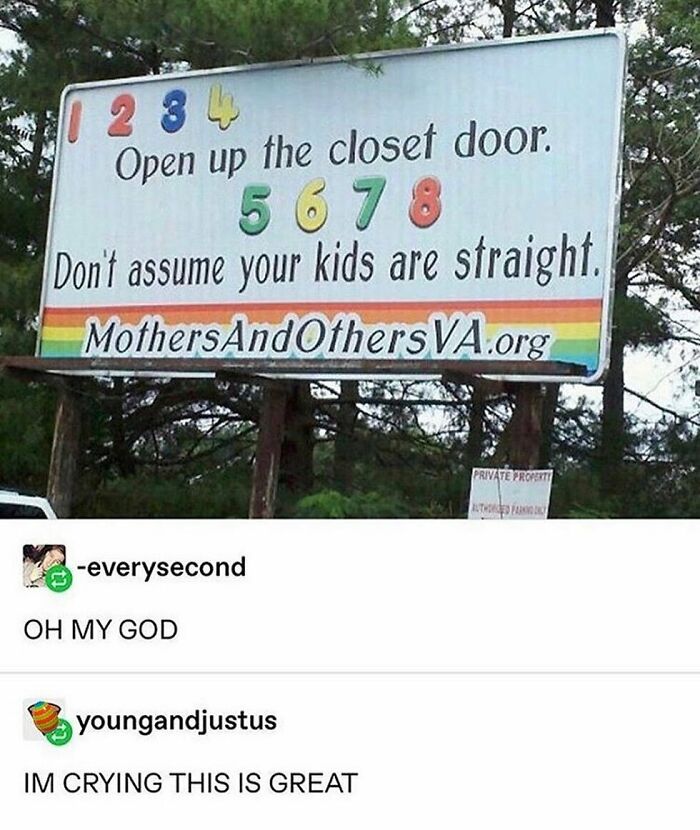 Billboard with a rainbow stripe and message encouraging opening up the closet door, related to LGBTQ+ memes and support.