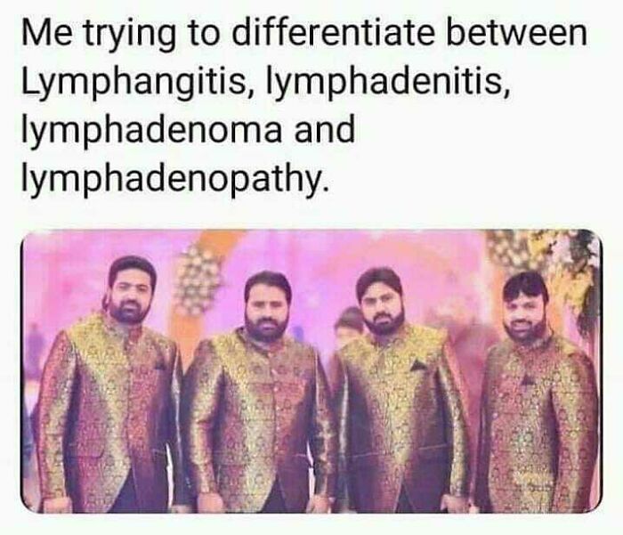 Four men in shiny patterned suits with confused expressions illustrating medical memes about healthcare expenses.