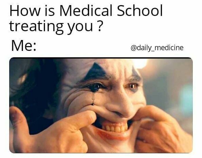 Person in clown makeup forcing a smile with tears, representing medical memes about the struggles of medical school.