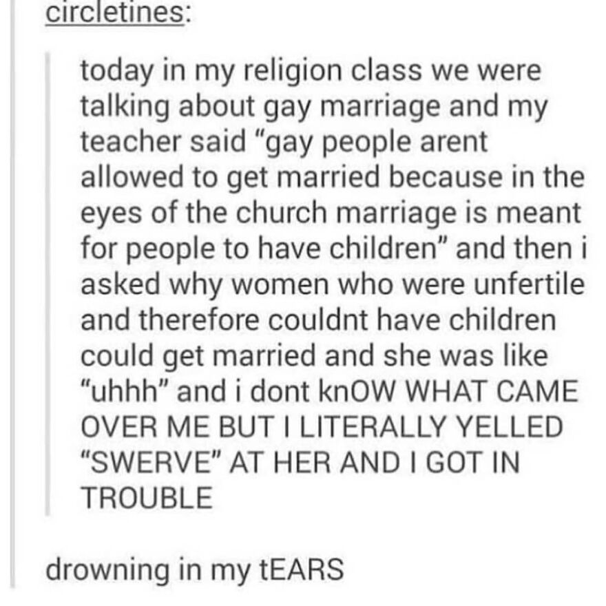 Screenshot of a social media post sharing a totally true story about a confrontation in a religion class.