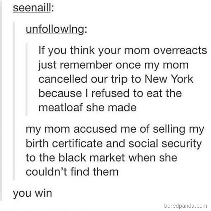 Text conversation sharing a totally true story about a mom overreacting by canceling a trip and accusing of selling documents.