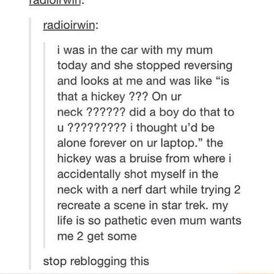 Text post about a funny, totally true story involving a mom noticing a bruise mistaken for a hickey.