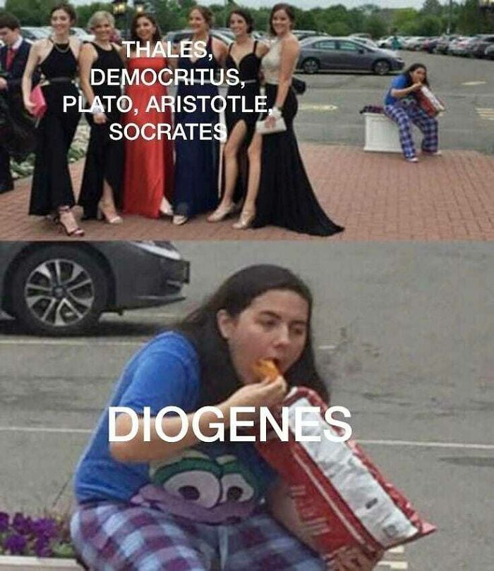 Group of women dressed up representing famous philosophers contrasted with a casually dressed person labeled Diogenes eating chips, philosophical meme.
