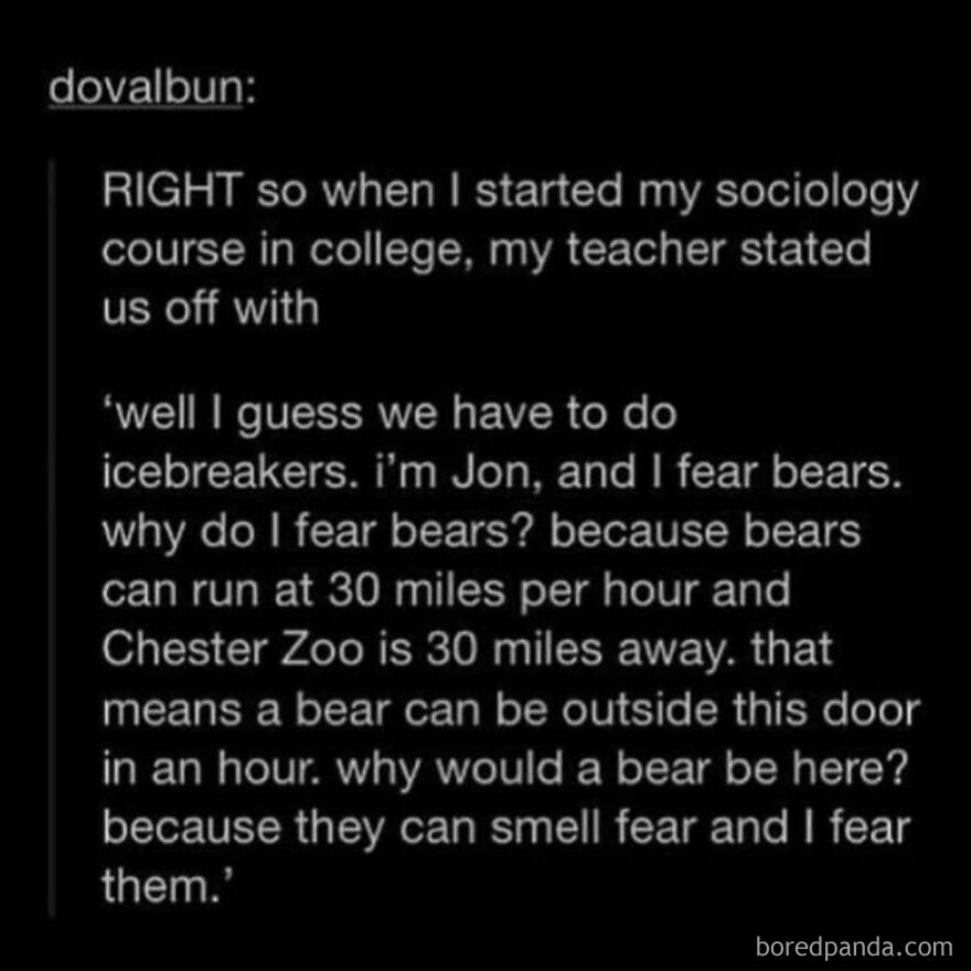 Text post showing a funny 'Totally True Stories' icebreaker about fearing bears in a college sociology class.