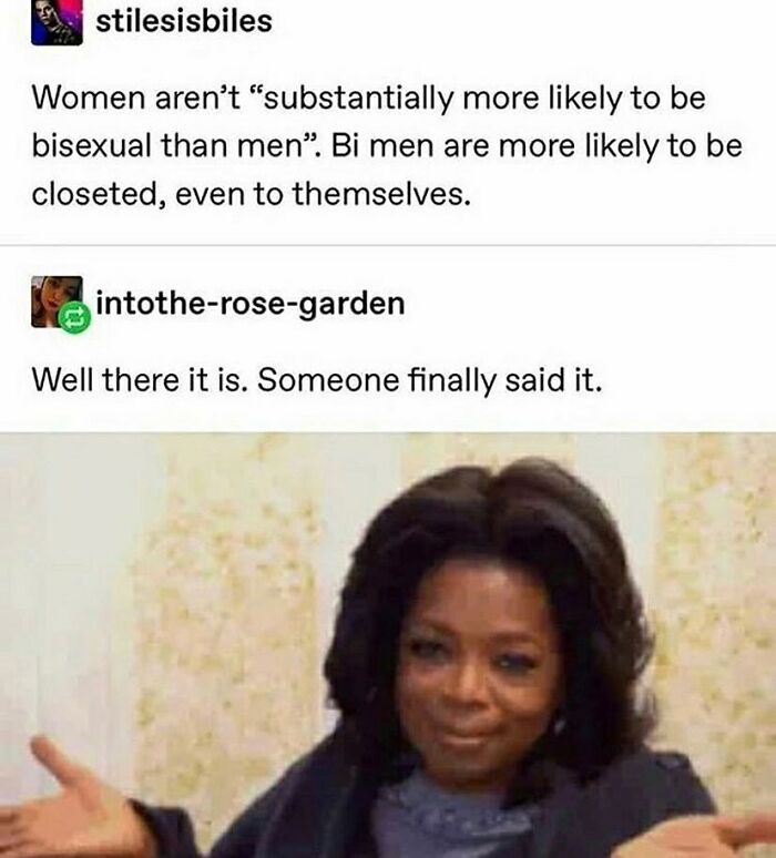Screenshot of an LGBTQ+ meme discussing bisexuality with a woman shrugging in the image, related to LGBTQ+ memes.