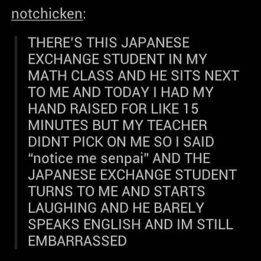 Text post describing a funny and embarrassing story involving a Japanese exchange student in a math class, part of true stories.