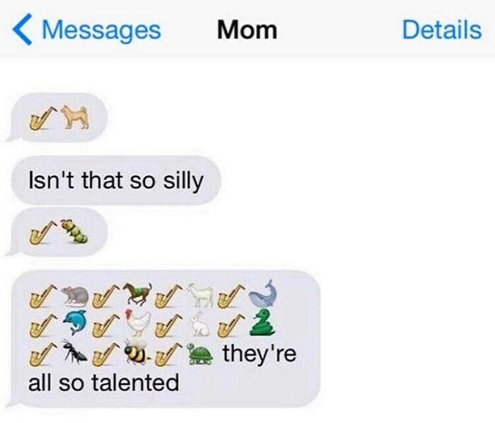 Text message conversation with Mom using saxophone and animal emojis, showing a funny and relatable dog meme.