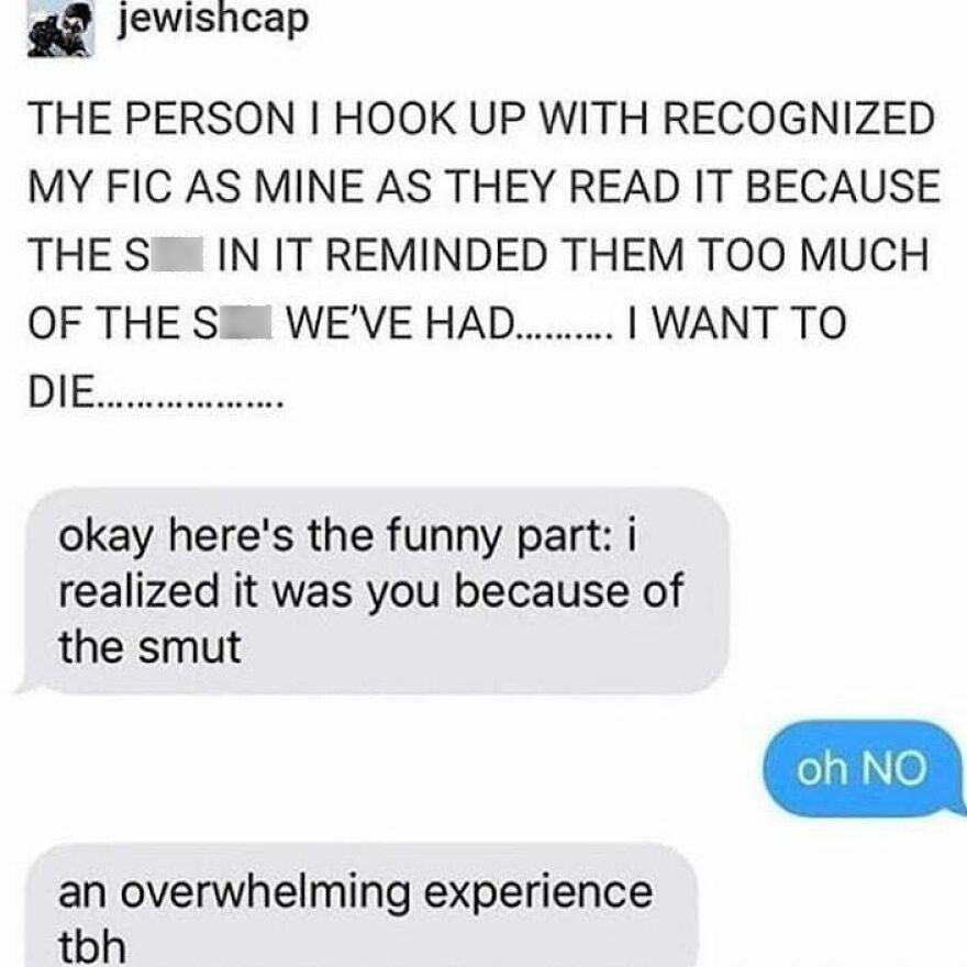 Text conversation about recognizing a fan fiction due to smut, a funny and overwhelming true story moment.