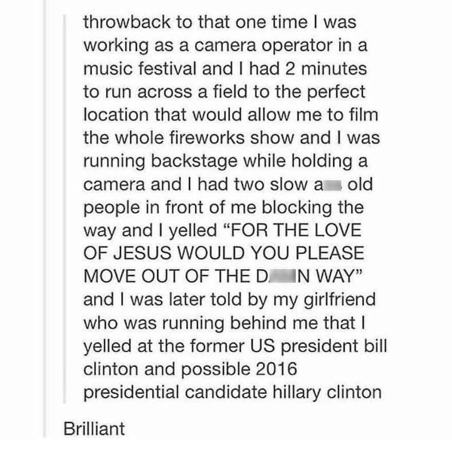 Text post about a camera operator’s funny true story at a music festival, part of totally true stories collection.