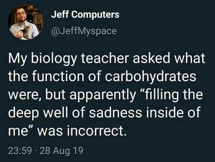 Screenshot of a medical meme joking about carbohydrates and emotional sadness, reflecting humor in healthcare topics.