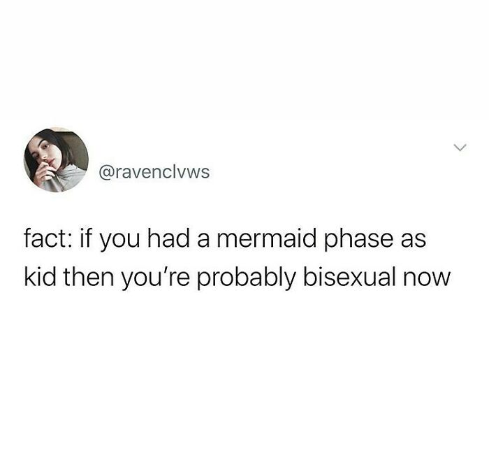 Instagram post from LGBTQ+ memes page stating if you had a mermaid phase as a kid, you’re probably bisexual now.