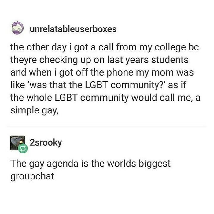 Text conversation meme about the LGBT community humor, shared on an LGBTQ+ memes Instagram page.