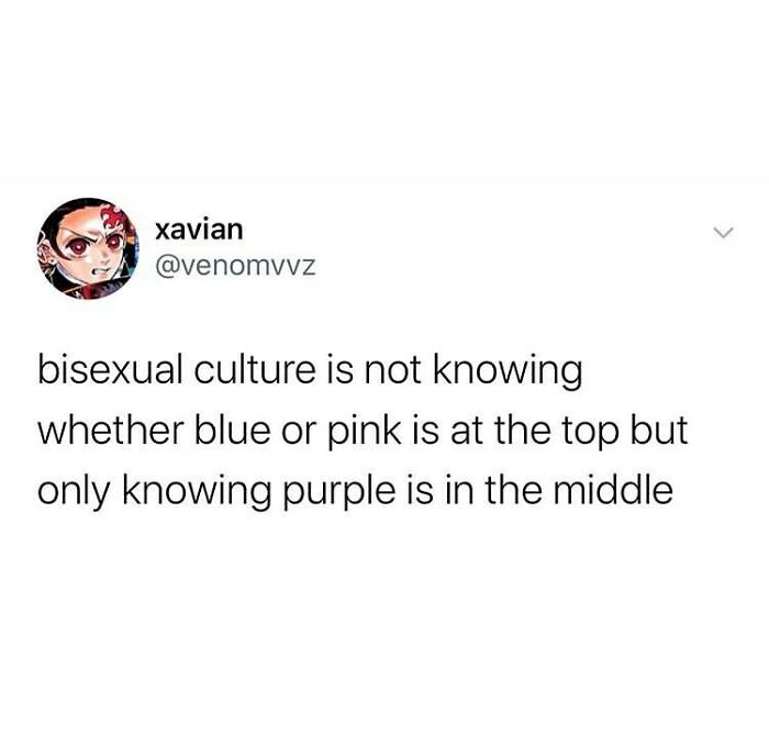 Screenshot of an LGBTQ+ meme about bisexual culture referencing the colors blue, pink, and purple on a white background.
