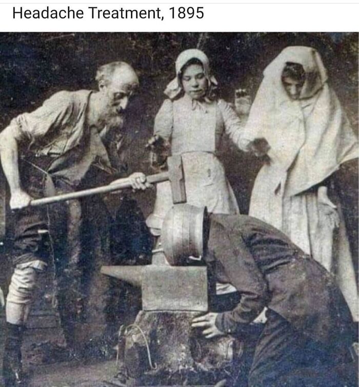 Vintage photo humorously captioned headache treatment, 1895, highlighting medical memes about the high cost of healthcare.