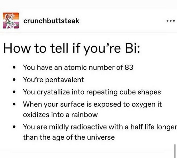 Instagram meme about bisexuality with chemistry references from an LGBTQ+ memes page, highlighting humor and identity.