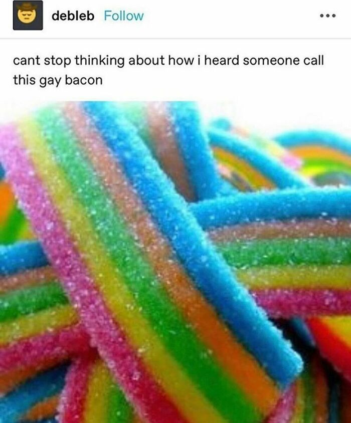 Colorful rainbow candy strips with sugar crystals, featured in a popular LGBTQ+ memes Instagram post.